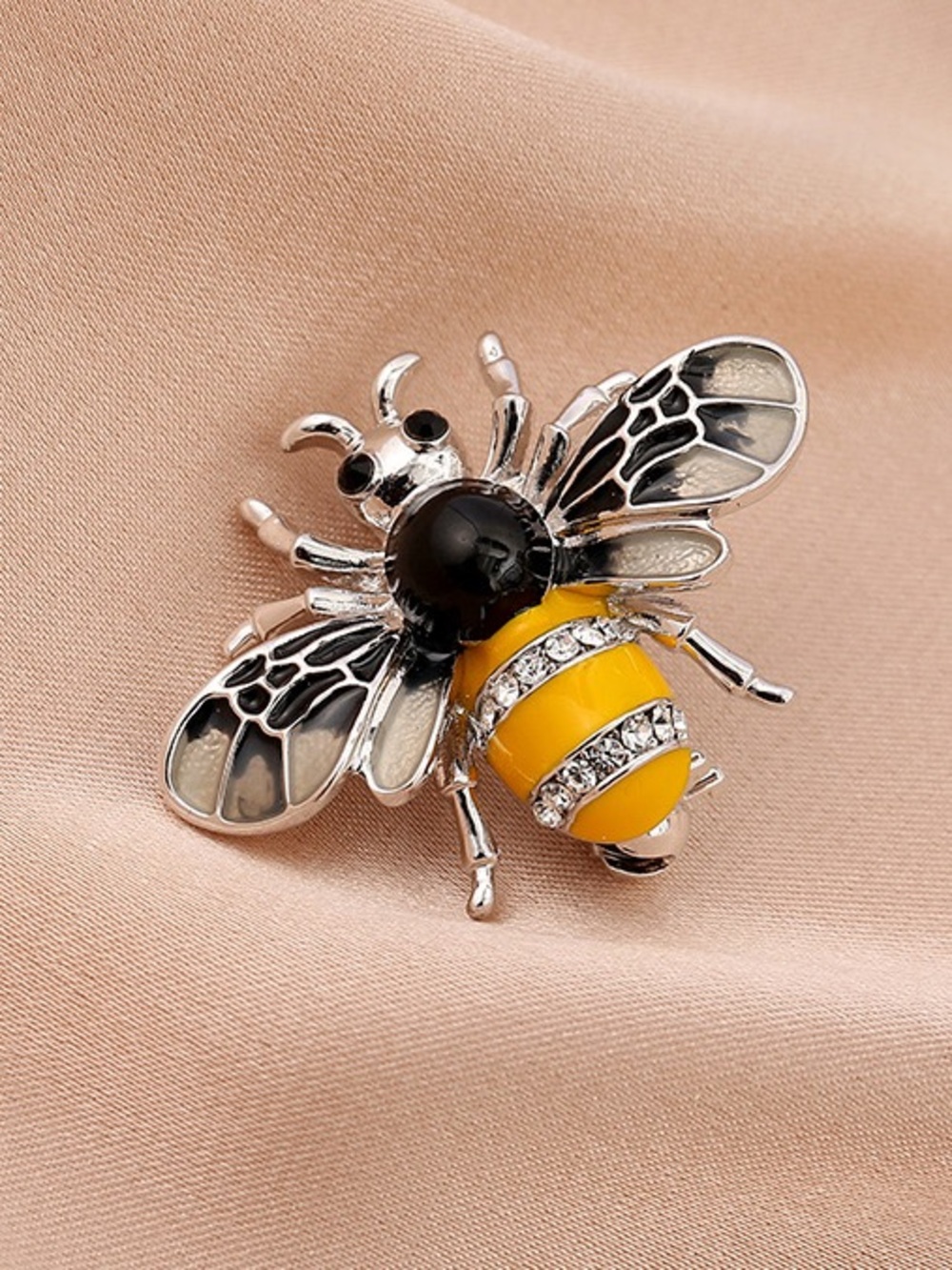 Silver Tone Yellow Enamel Bumble Bee Brooch with Rhinestones – Jeweled Honey Bee